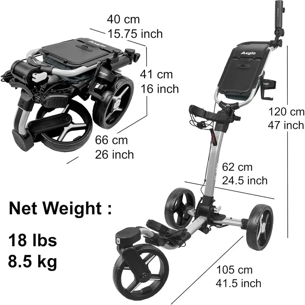 Ultra-Lightweight 3-Wheel Golf Caddy with 360° Swivel Front Wheel, Foldable Design, Dual Brake System, Large Storage Bin, and Cu