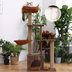Large 4-in-1 Modern Cat Tower with Jute Scratching Post, Hammock, and Silvervine Balls, Brown Wood Cat Condo for Indoor Playhous