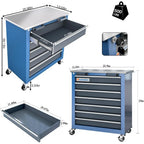 Combined Tool Cabinet and Tool Box, 7+5 Drawer Tool Box, Connectable, with 360 Degree Brake Wheels and Padded Feet, Blue