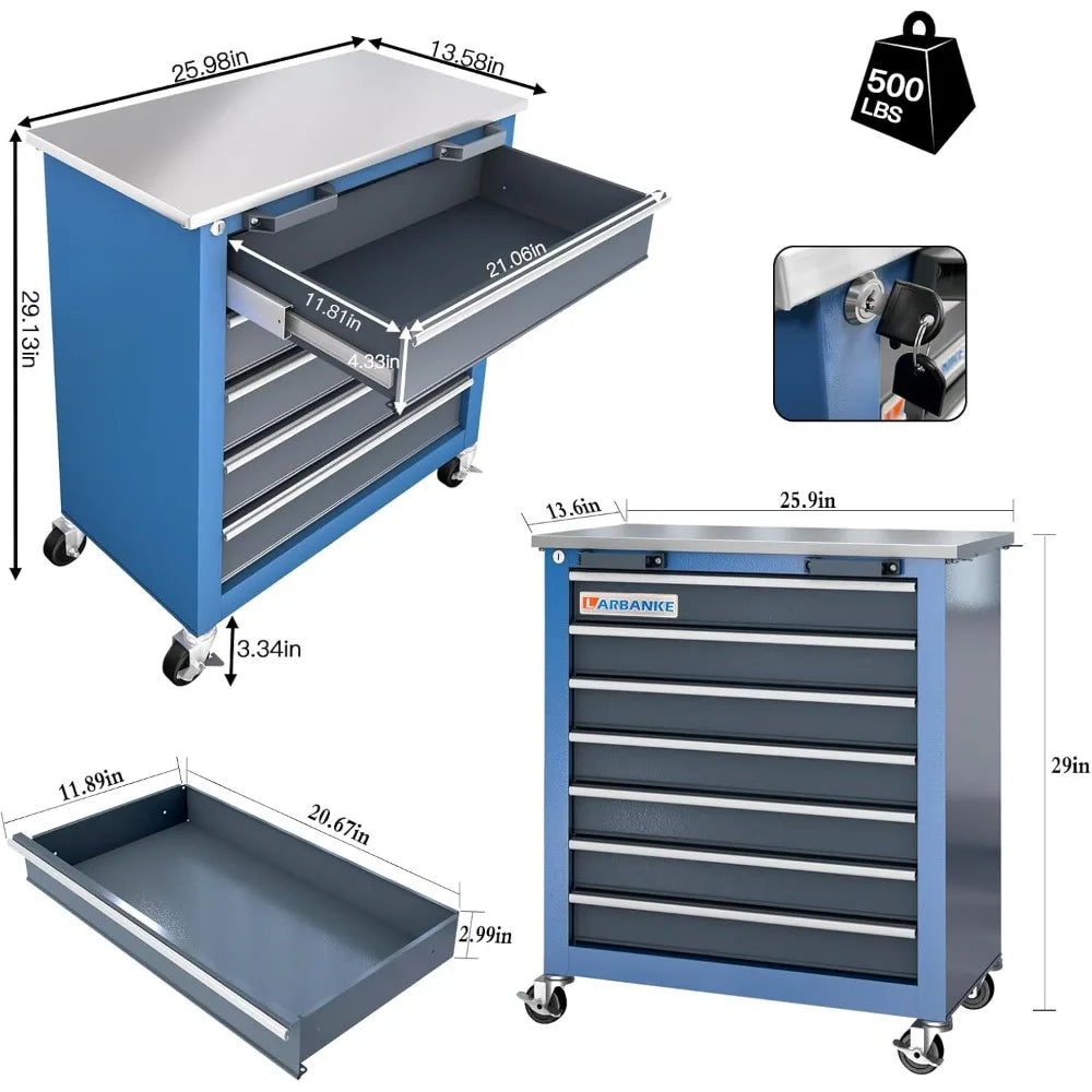 Combined Tool Cabinet and Tool Box, 7+5 Drawer Tool Box, Connectable, with 360 Degree Brake Wheels and Padded Feet, Blue