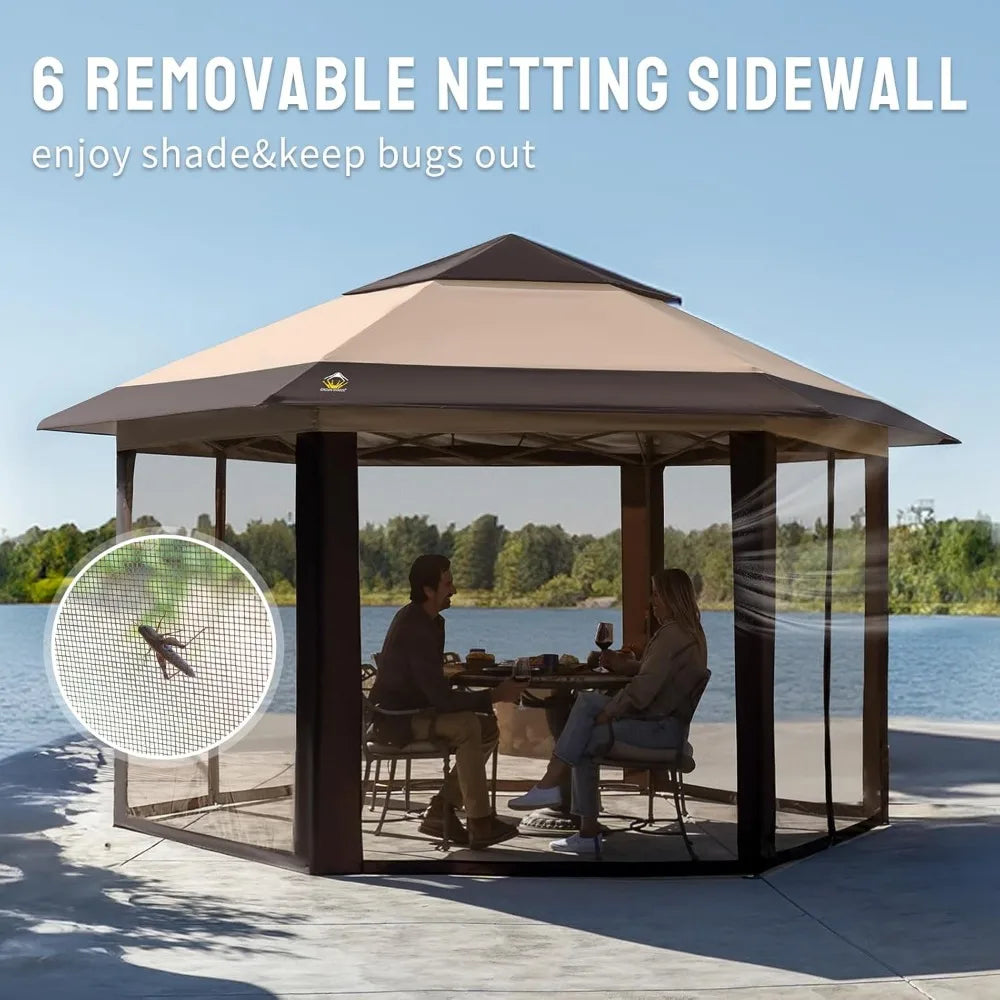 CROWN SHADES 13x13 Pop up Gazebo with Mosquito Nettings, Patented Center Lock 6-Sided Portable Gazebo, 300D Silver-Coated Fabric
