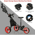 Foldable 3Wheel Height Adjustable Lightweight Golf Caddy Cart with Umbrella Holder Hydraulic Seat Storage Bag Cup Holder for Ea