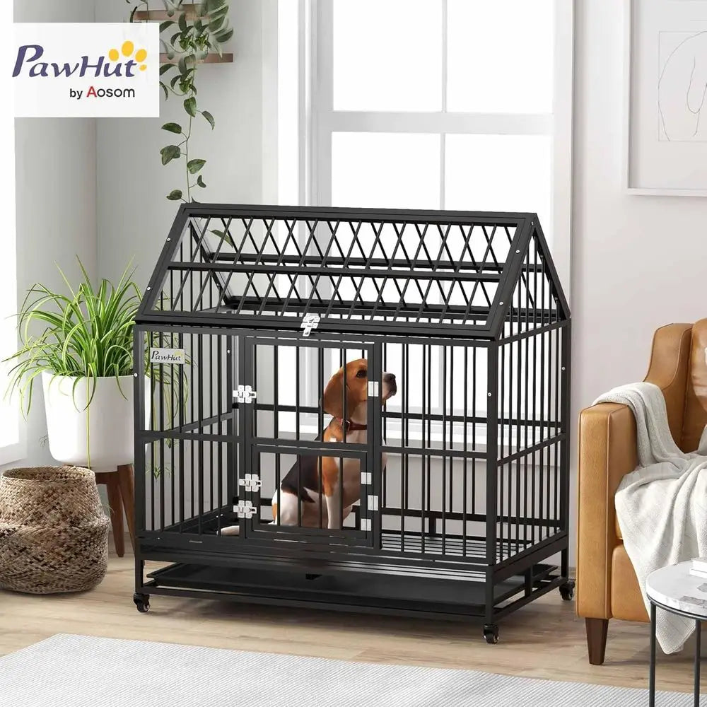 48 Inch Heavy-Duty Steel Dog Crate with Lockable Wheels, Removable Tray, and Double Doors for Large Breeds