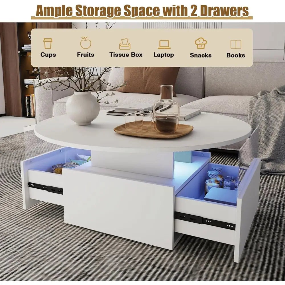 Round LED-Illuminated Living Room Table with Storage, Square Acrylic Coffee Table on Casters, Wooden Centerpiece for Dining in W