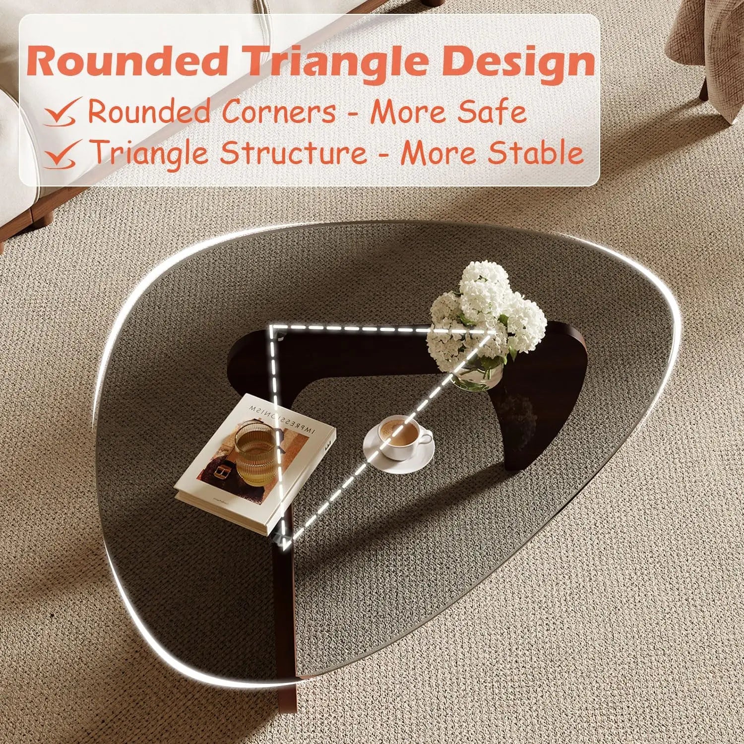 Modern Triangle Coffee Table for Living Room, Small Spaces, Tempered Glass Top & Eco-Friendly MDF Base, Walnut Finish