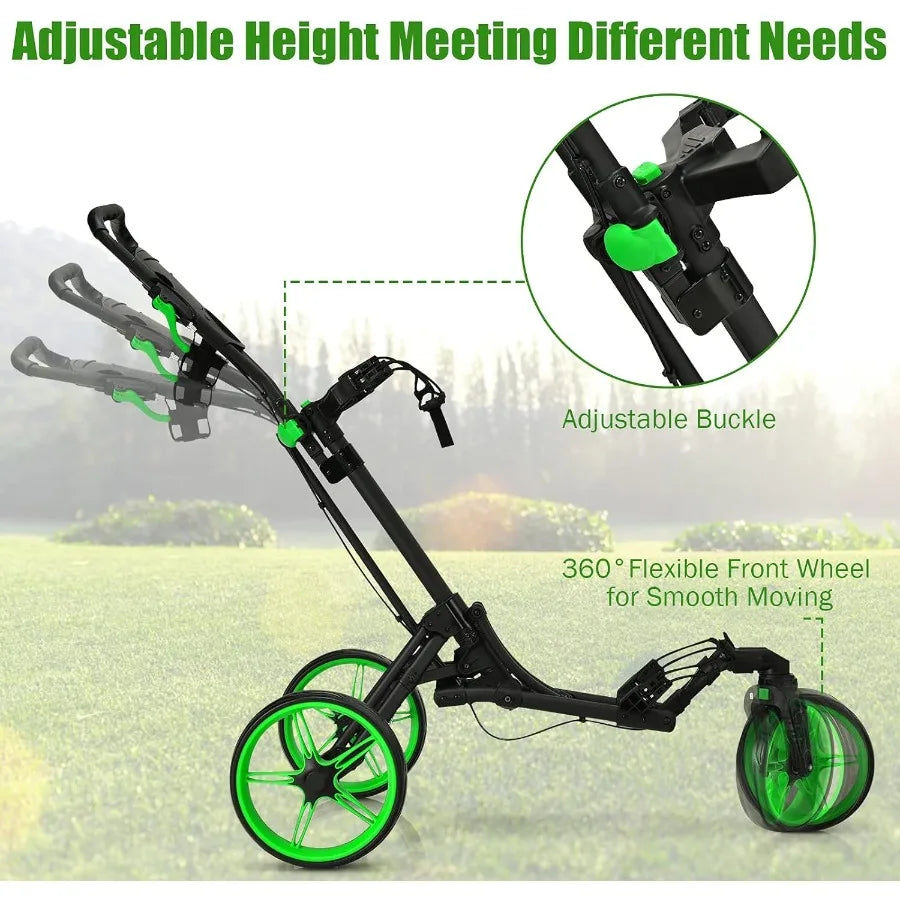 Folding Golf Push Cart with Swivel Front Wheel 3 Wheel Adjustable Golf Pull Cart for Easy Transportation and Compact Storage Id