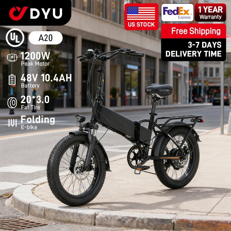 【1 Year Warranty】DYU A20 Adult Electric Bicycle Peak 1200W Motor 48V10.4AH Battery Electric Bike 28MPH Fat E-bike，UL2849