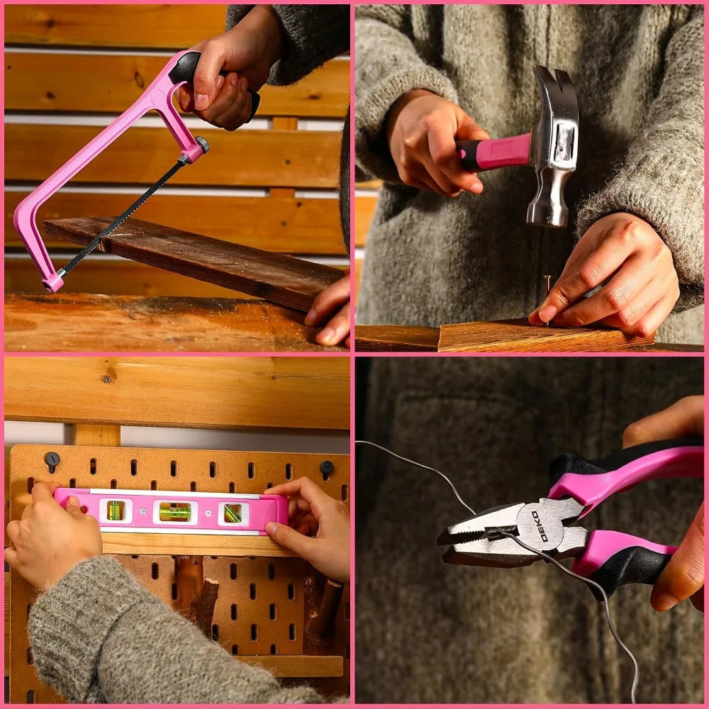 Pink Tool Kit Box with 12V Cordless Drill, Hand Repair Tools Sets Combo for Men & Women