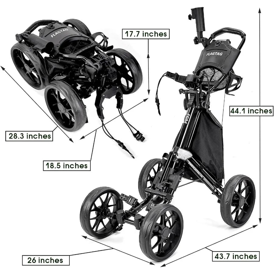 Golf Push Cart 4-WheelsFolding Golf Cart Golf Pull cart with Cup Holder Umbrella Holder Cooler Bag Foldable with one-Click Hand