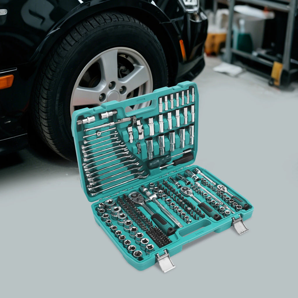 Socket Spanner Set, Drive Socket Set, 216-Piece Ratchet Box Set with Green Case, Chrome Vanadium Steel Tool Kit for Automotive