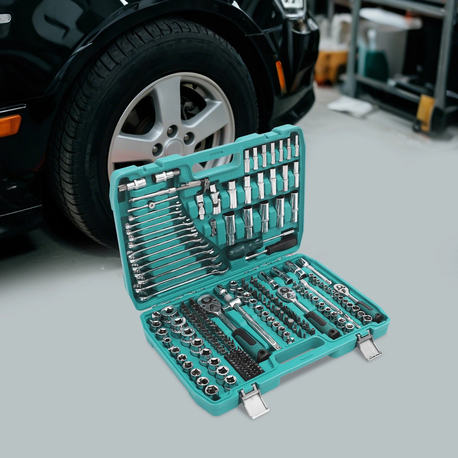 Socket Spanner Set, Drive Socket Set, 216-Piece Ratchet Box Set with Green Case, Chrome Vanadium Steel Tool Kit for Automotive