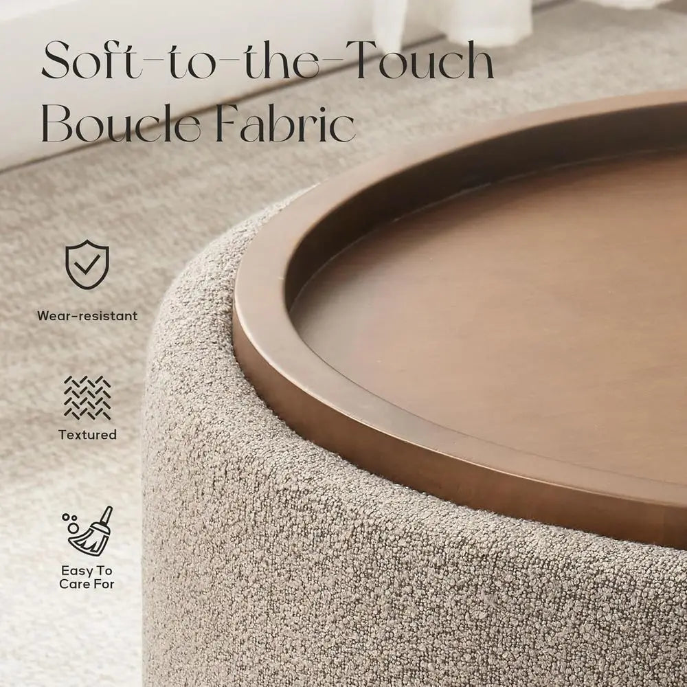Round Storage Ottoman Coffee Table, Modern Boucle Ottoman with Lift-Off Lid and Solid Wood Legs for Living Room, Bedroom, Corner