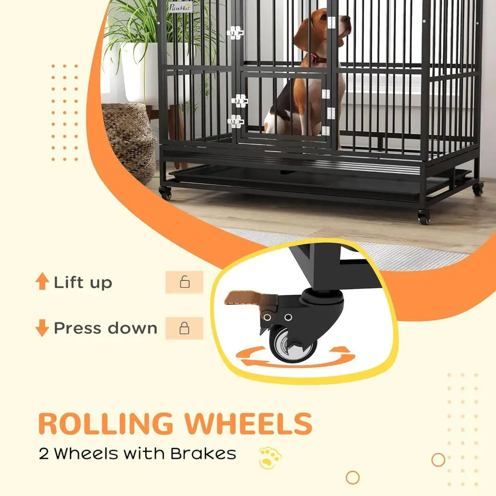 48 Inch Heavy-Duty Steel Dog Crate with Lockable Wheels, Removable Tray, and Double Doors for Large Breeds