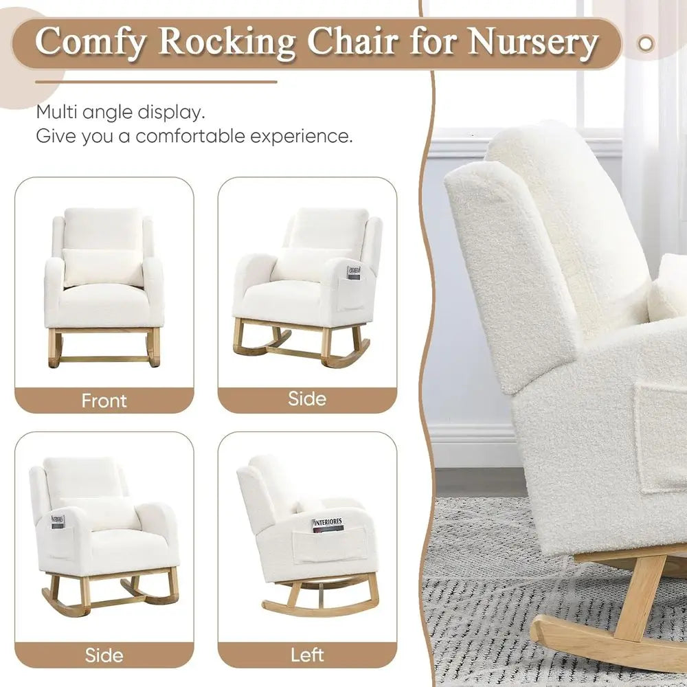 Rocking Glider Chair for Nursery, Wingback Accent Rocker Chair Upholstered Tall Back Arm Chair w/Side Pockets, Modern Leisure Si