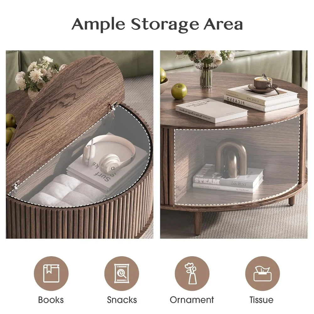 Round Coffee Table with Storage, 31.5" Fluted Center Table for Living Room, Modern Walnut Wood Circle Drum Table, Customized