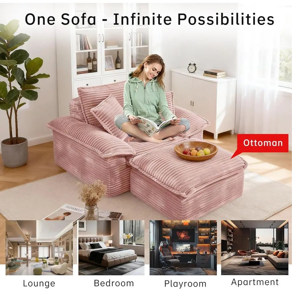 Chaise Lounge Chair Indoor, Oversized Corduroy Upholstered BonelSoa Couch, Cloud-Like Soa Bed with Ottoman or Living Room and Be