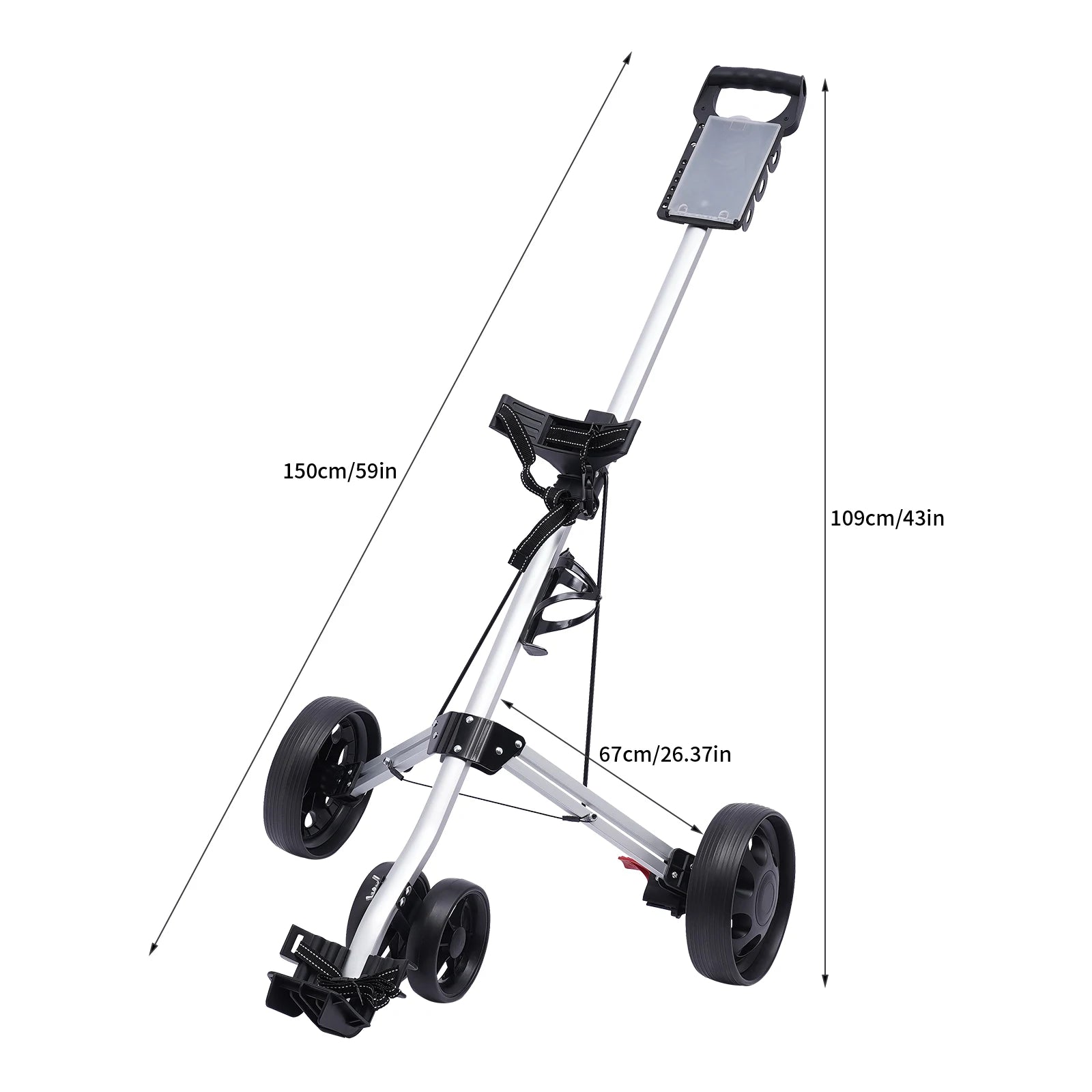 Foldable Portable 3 Wheel Versatile Golf Push Cart Foot Brake with Water Bottle Holder for Golf Courses, Gyms, Schools NEW