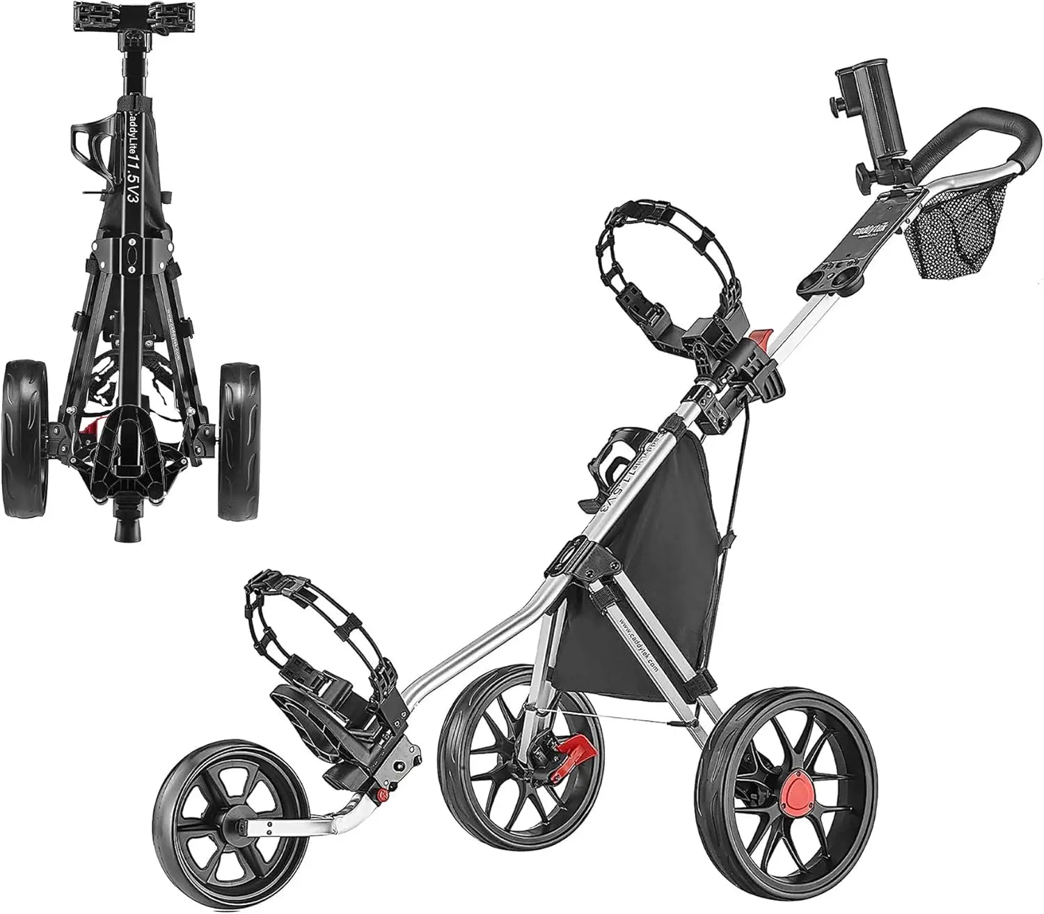 Lightweight Aluminum 3-Wheel Foldable Golf Push Cart with Adjustable Handle, Foot Brake & Accessories for Easy Storage