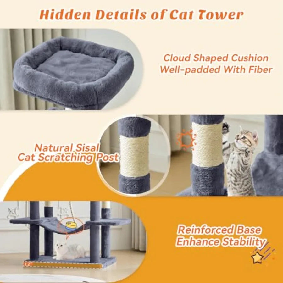 Large 66 Inch Multi-Level Cat Tree Tower with Condo Perches Sisal Scratching Posts Hammock and Dangling Balls for Indoor Cats D