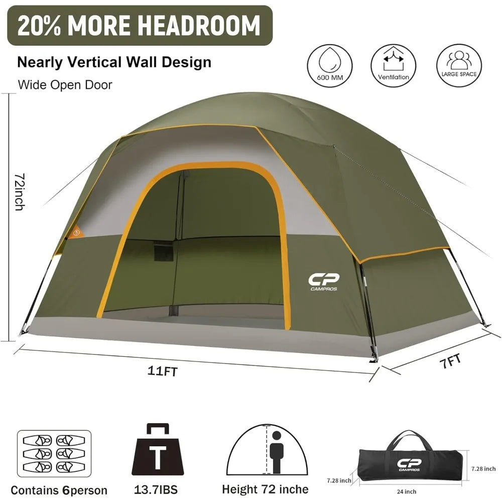 Tents for Camping 6 Person Tent Waterproof Windproof Double Layer Family Camping Tent,Easy Setup Dome Tent withLarge MeshWindows