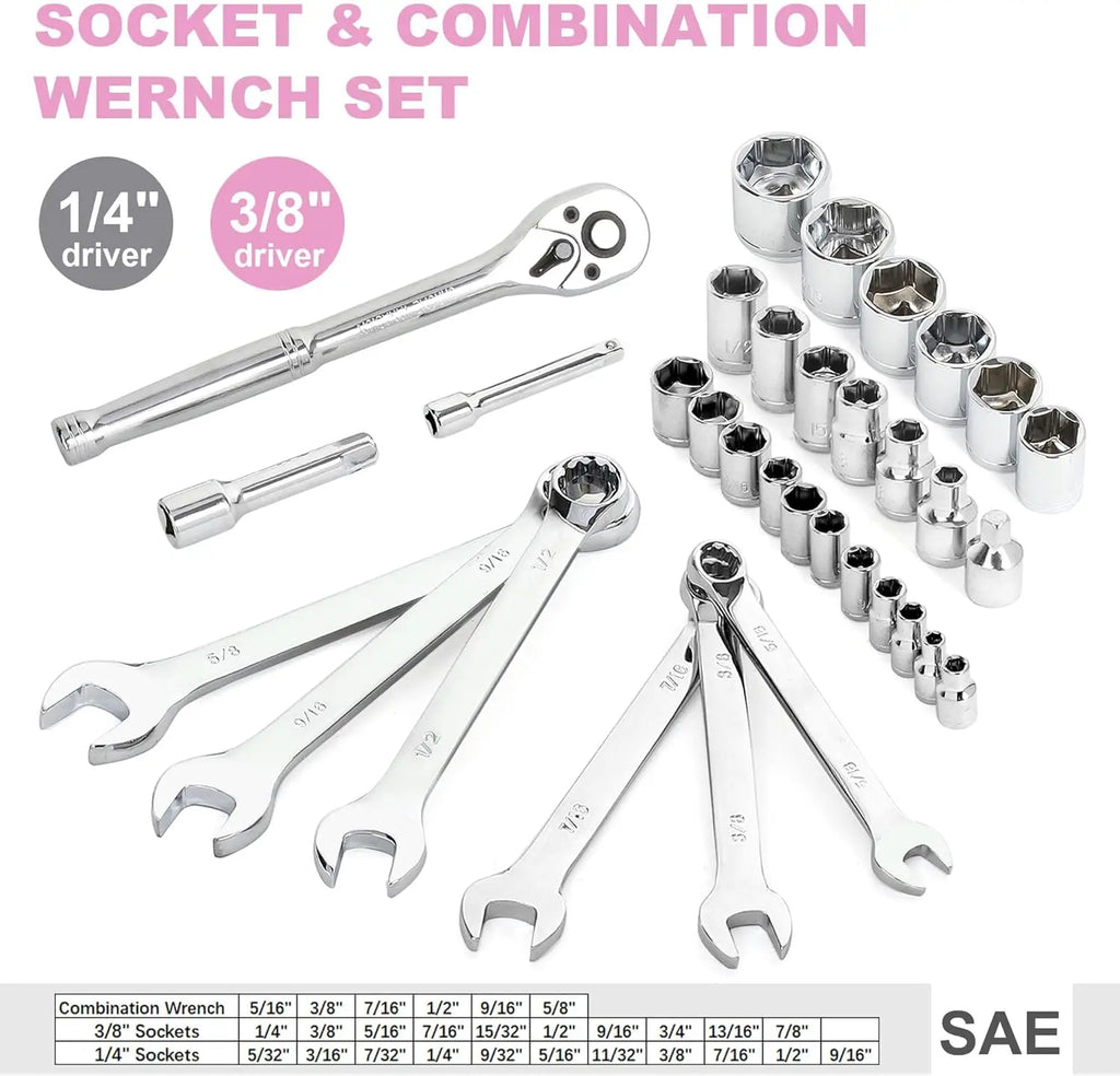 198-Piece Pink Tool Set with Toolbox, SAE Hand Tool Kit for DIY & Home Repair