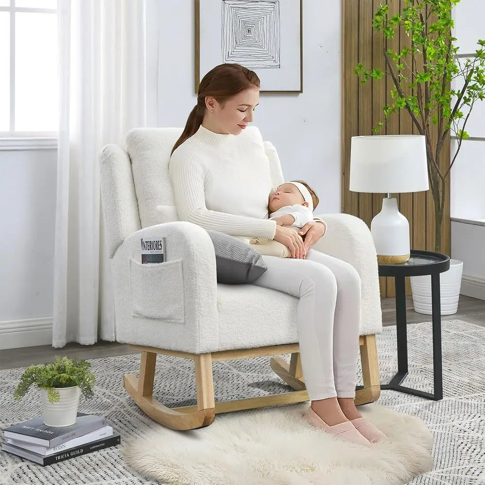 Rocking Glider Chair for Nursery, Wingback Accent Rocker Chair Upholstered Tall Back Arm Chair w/Side Pockets, Modern Leisure Si