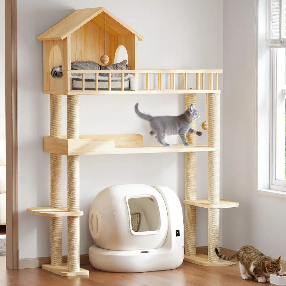 60.2 High Self-Cleaning Litter Box Cat Tree, Multi-Level Wooden Cat Tower with Scratching Post, House, Burlywood