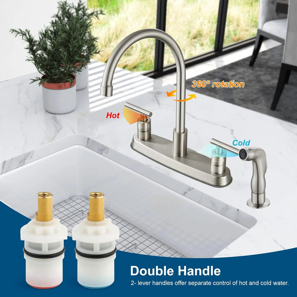 High Arc 360° Rotating Kitchen Faucet, 2-Handle, 8' Centerset, with Side Sprayer, Brushed Nickel