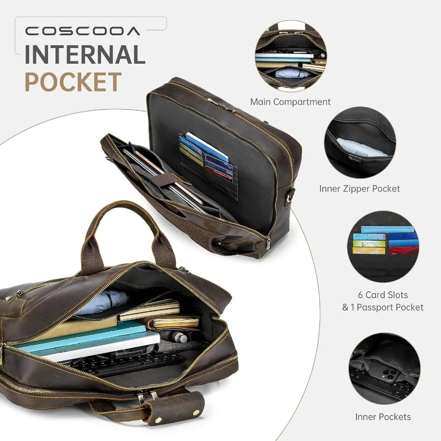 Large Full Grain Leather Briefcase Convertible Backpack For Men Business Travel Case Messenger Bag Fits 17.3" Laptop