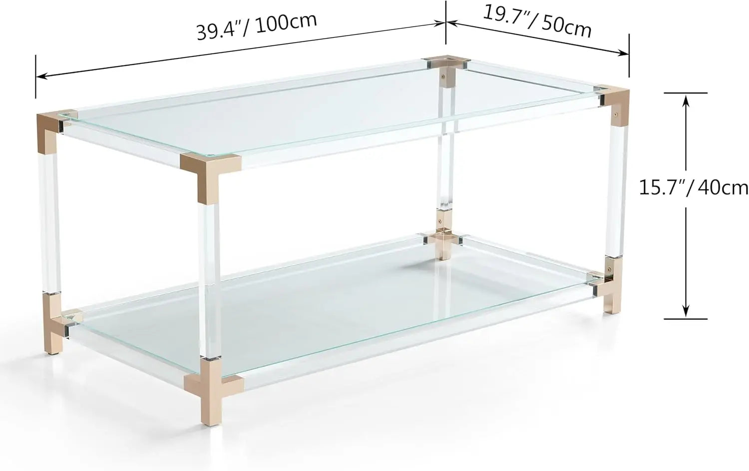 Modern Double Layer Glass Coffee Table for Living Room, Clear Top with Rose Gold Frame, L41xW21xH16
