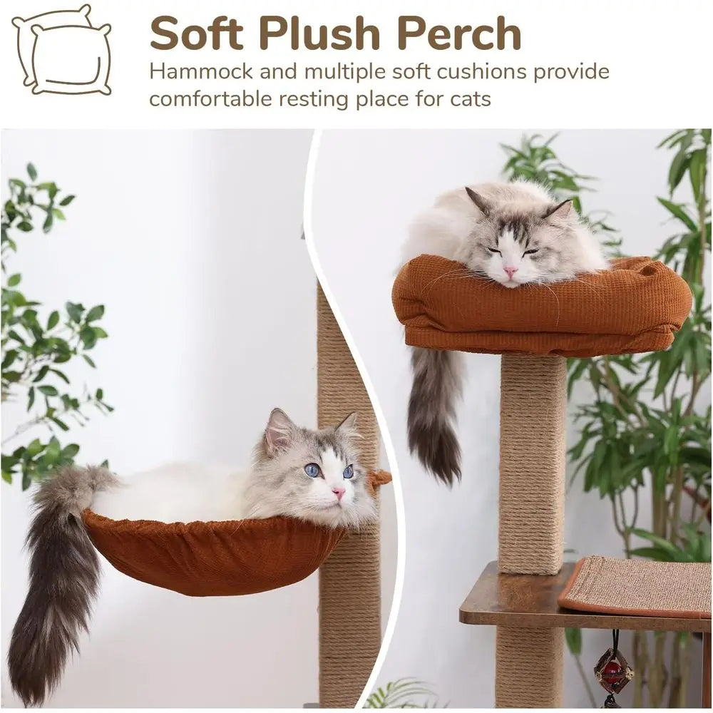 Large 4-in-1 Modern Cat Tower with Jute Scratching Post, Hammock, and Silvervine Balls, Brown Wood Cat Condo for Indoor Playhous
