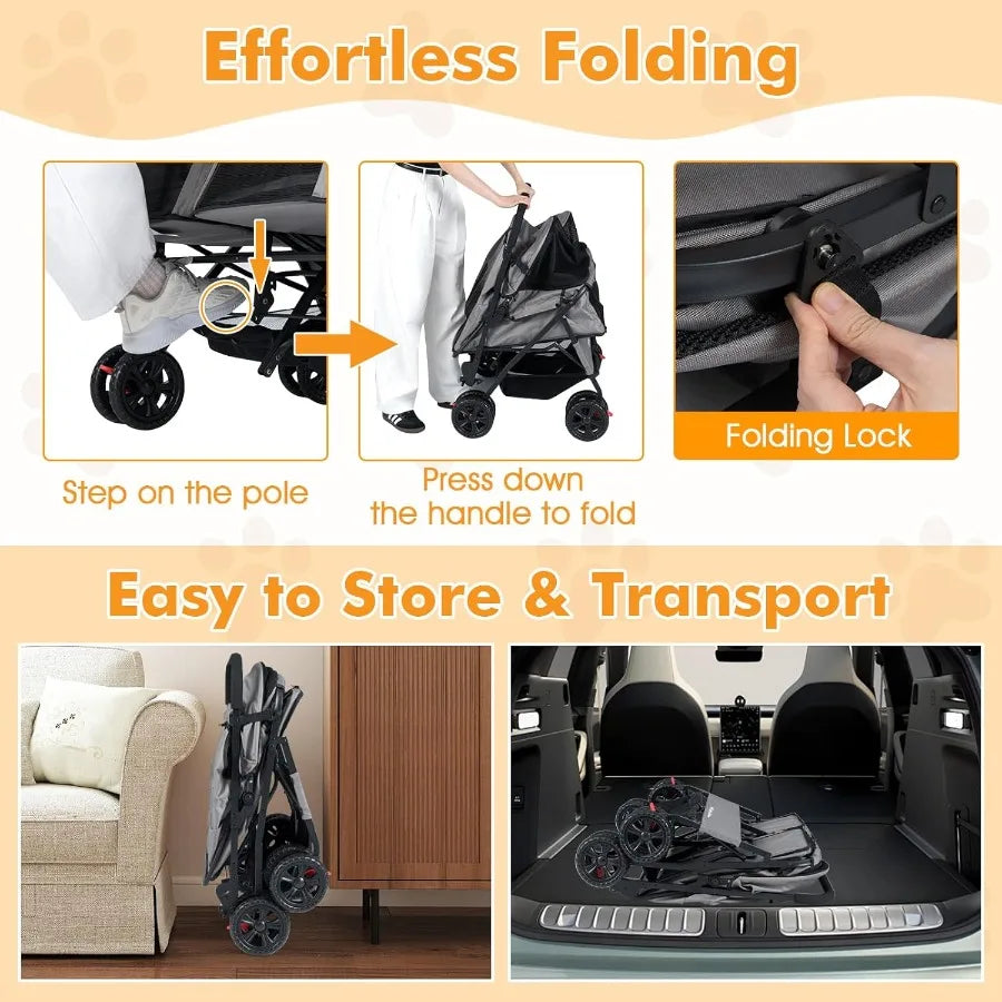 Double Pet Stroller Foldable Double Dog Stroller with 2-Seater Carrier Adjustable Sunshade Removable Pad Safety Belt Storage Ba