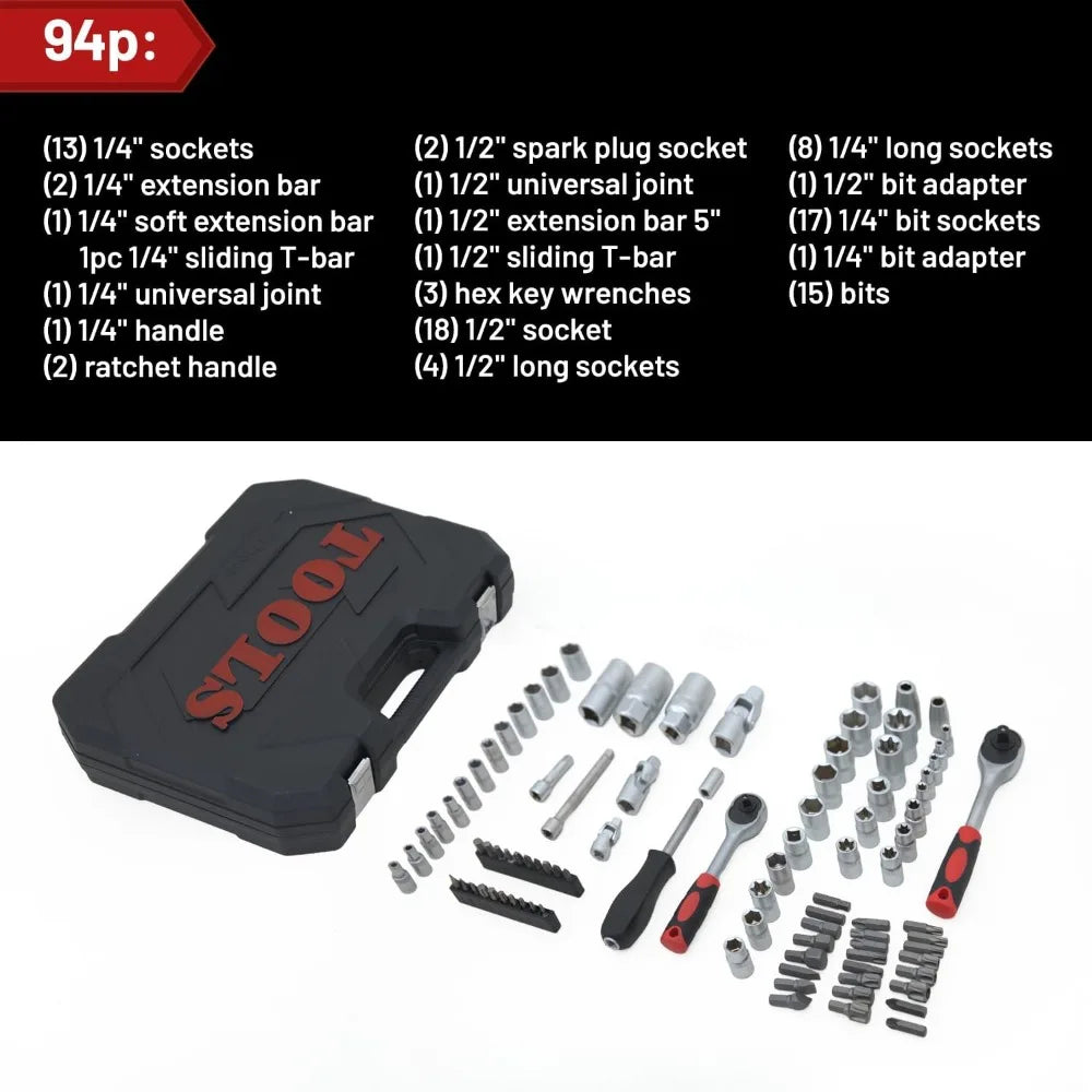 Hand tools, Mechanics Tool Set 94pcs Socket Set wih Case, 1/4 & 1/2 Drive, Versatile and Durable Tool Kit for Auto & Motorcycle