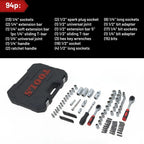 Hand tools, Mechanics Tool Set 94pcs Socket Set wih Case, 1/4 & 1/2 Drive, Versatile and Durable Tool Kit for Auto & Motorcycle