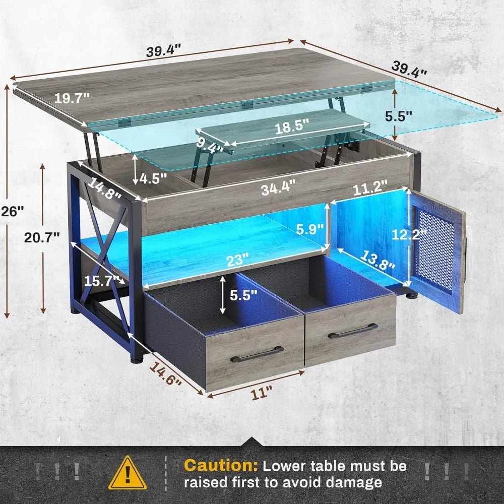40" Lift Top Coffee Table with Storage, LED Light, 4-in-1 Design for Living Room & Dining Room