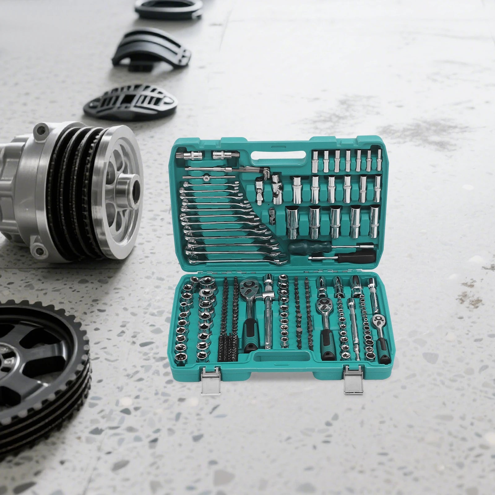 Socket Spanner Set, Drive Socket Set, 216-Piece Ratchet Box Set with Green Case, Chrome Vanadium Steel Tool Kit for Automotive