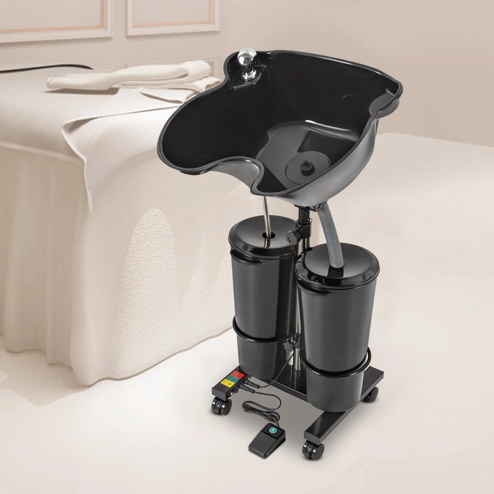 Portable Shampoo Basin with 2 Water Buckets, 30cm Deep Salon Hair Washing Sink, Adjustable Height Angle Mobile Shampoo Bowl Unit