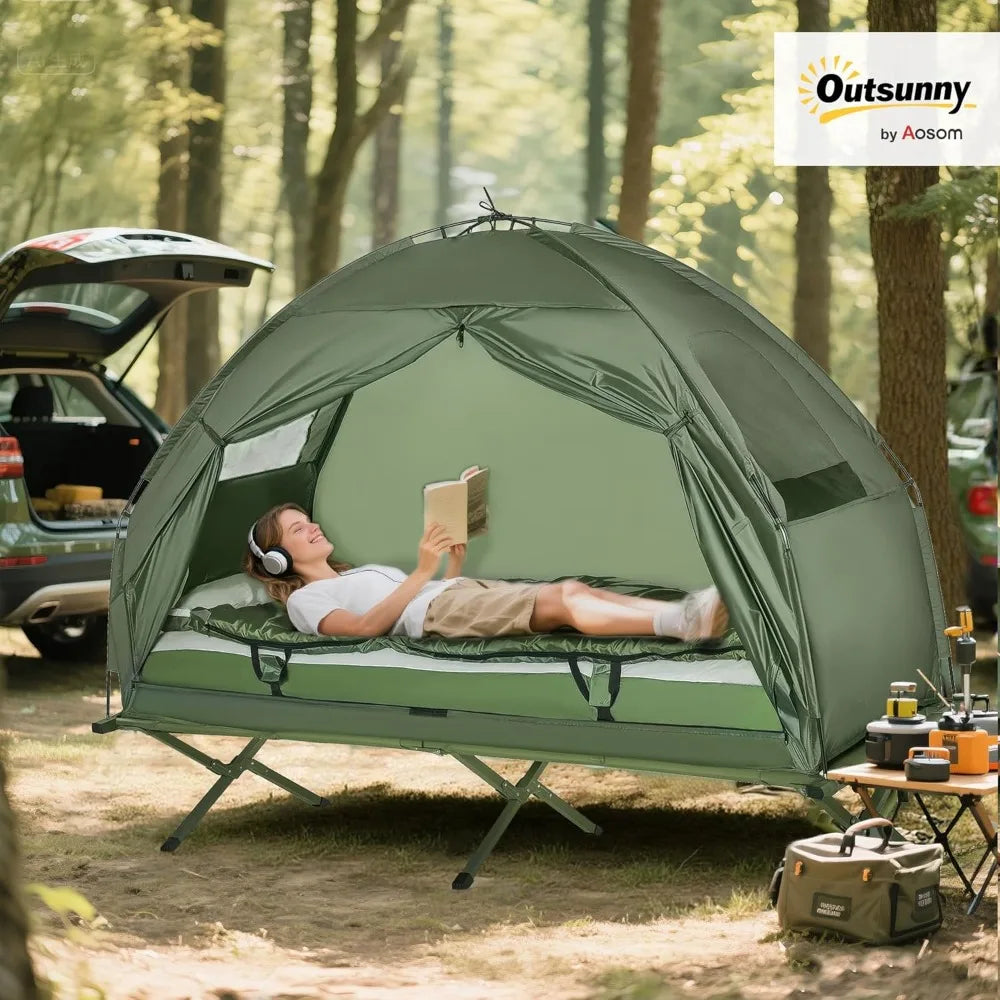 Camping Tent Cot, 6-in-1 Folding Tent Cot Combo with Mattress, Pillow, Sleeping Bag, Bed Cover, Roller Carrying Bag