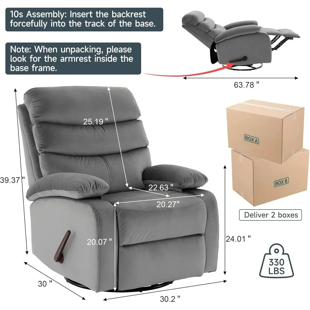 Adult Swivel Rocking Recliner for Compact Spaces: Light Grey Chair for Living Rooms, Nurseries, and RVs