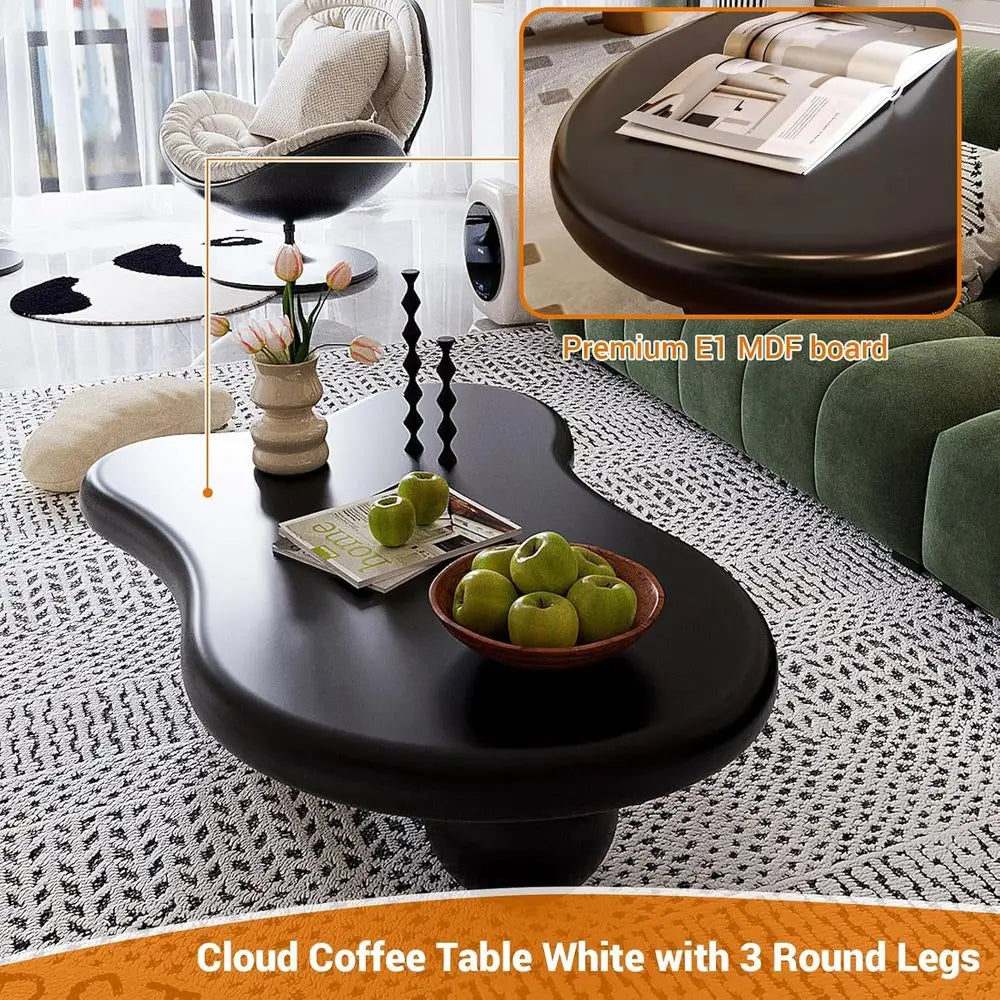 Irregular Cream Coffee Table with 3 Legs, Ideal for Small Spaces, Black, 46.06