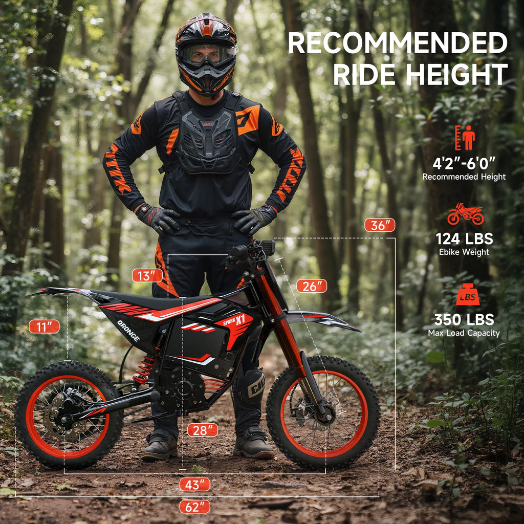 QRONGE X1 Spark Electric Dirt Bike 4500W Peak&Up to 60 Miles 50MPH 60V 28.8Ah Battery E-Bike 14/12" Fat Tire Electric Motorcycle