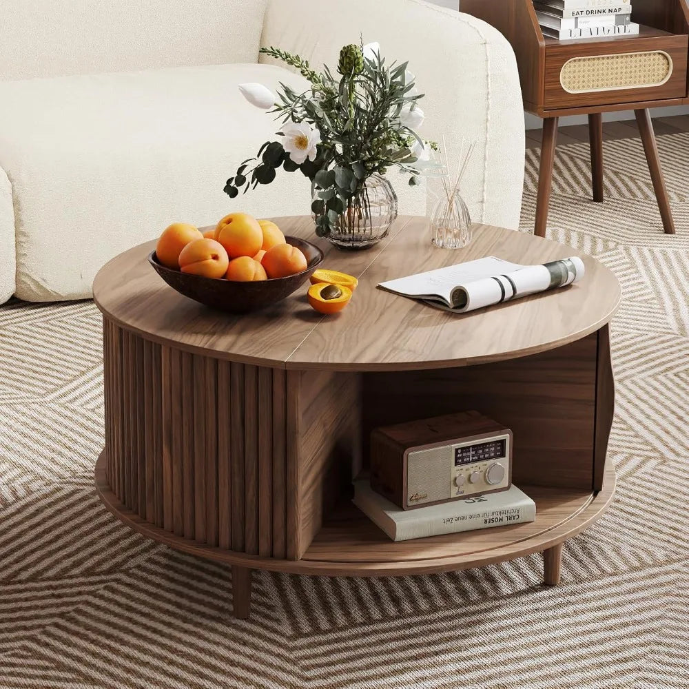 Round Coffee Table with Storage, 31.5" Fluted Center Table for Living Room, Modern Walnut Wood Circle Drum Table, Customized