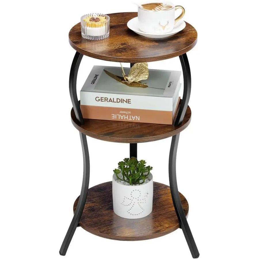 Small Round Side Table, 3Tier Slim Waist Circular End Table with Storage Shelf, Compact Tea Sofa Table, Round Corner Coffee Tabl