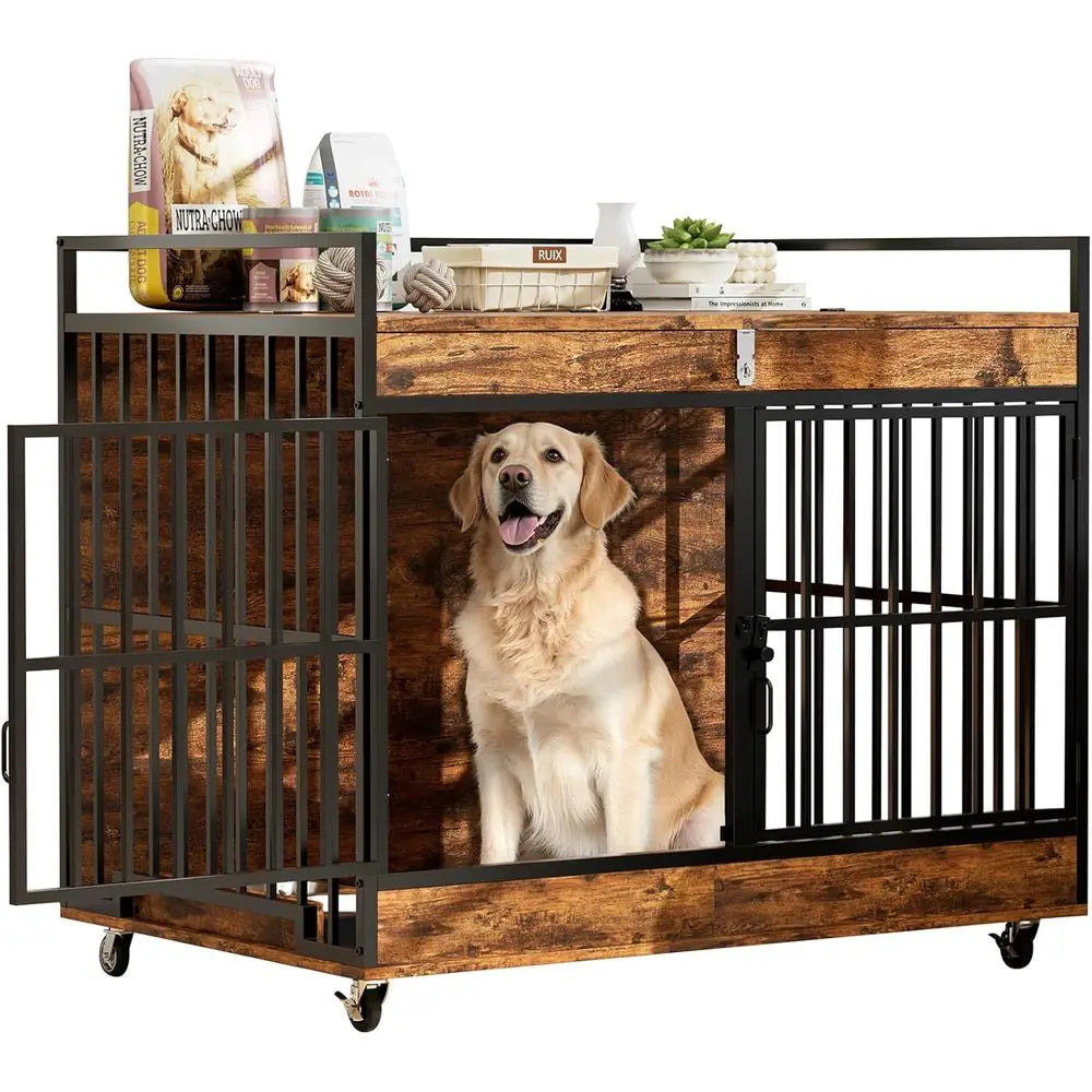 45 Inch XL Dog Crate with Stainless Steel Bowls, Heavy Duty Indoor Kennel, Wooden Dog Crate Table for Home Decor