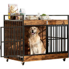 45 Inch XL Dog Crate with Stainless Steel Bowls, Heavy Duty Indoor Kennel, Wooden Dog Crate Table for Home Decor
