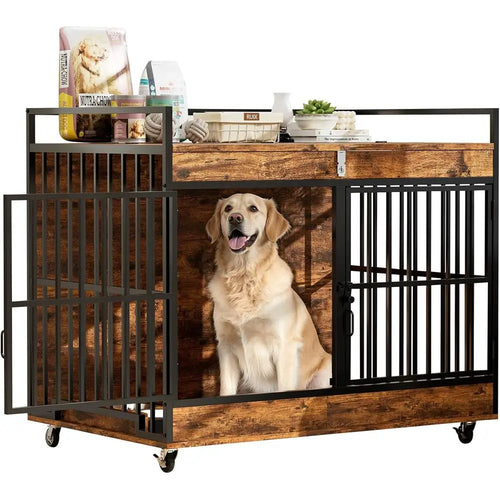 45 Inch XL Dog Crate with Stainless Steel Bowls, Heavy Duty Indoor Kennel, Wooden Dog Crate Table for Home Decor
