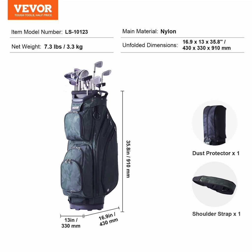 SucceBuy Golf Cart Bag with 14 Way Organizer Divider Top 36” Pockets Cart Bag Durable Golf Bags w/ Handles & Dust Cover & Straps