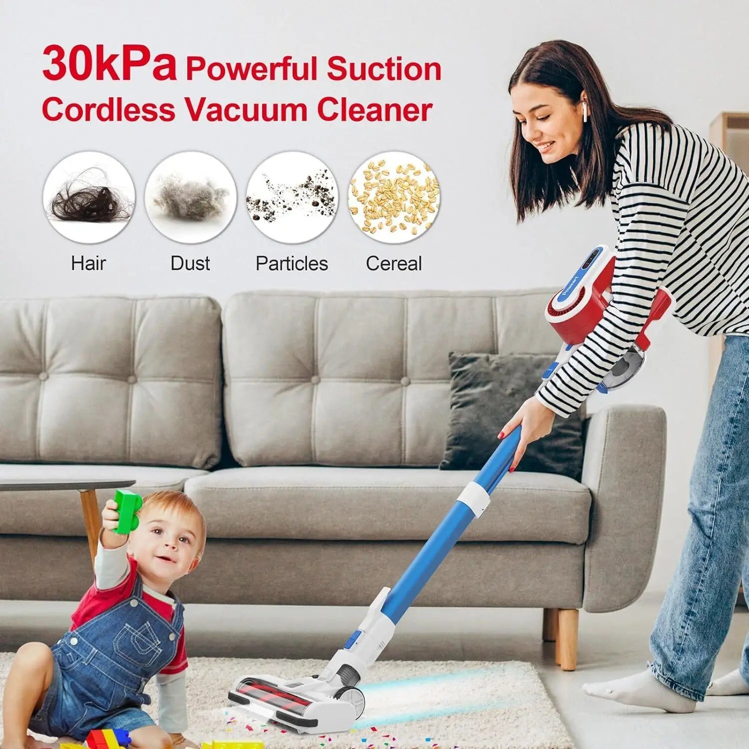 Poweart V80 30KPa Stick Cordless Vacuum Cleaner Up to 45min Runtime 8-in-1 Stick Vac for Hardwood Floor Pet Hair Home Appliance