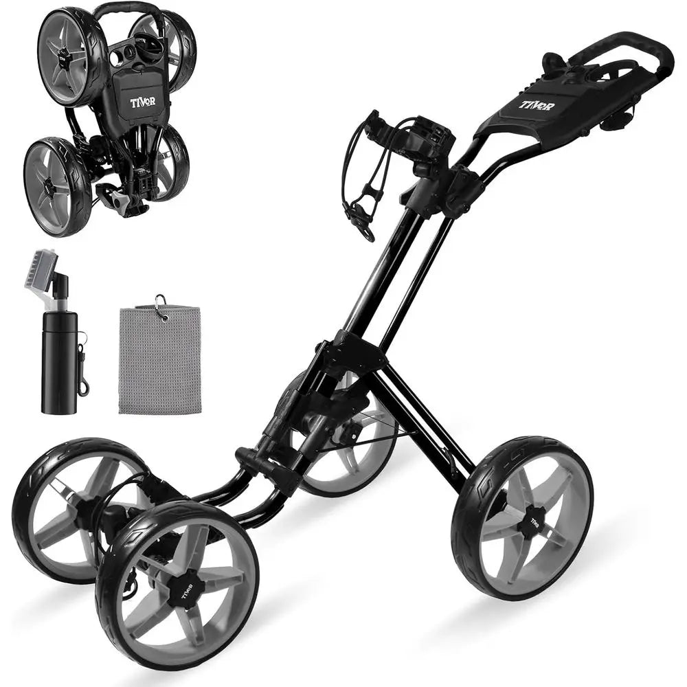 Foldable 4-Wheel Golf Trolley with Adjustable Handle, Scorecard Holder, Umbrella Mount, Foot Brake, All-Terrain Wheels for Adult