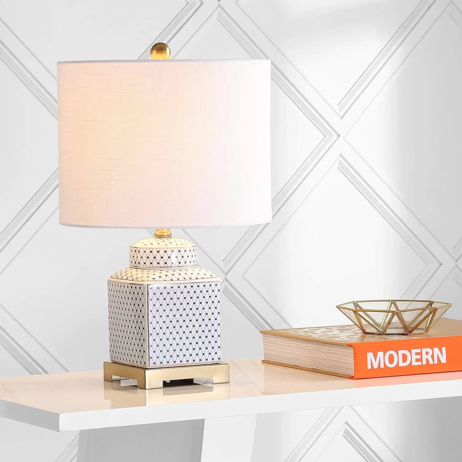 Modern Ginger Jar LED Table Lamp with Fishnet Glaze, 21.5" Ceramic/Metal Design for Bedroom, Living Room, Office